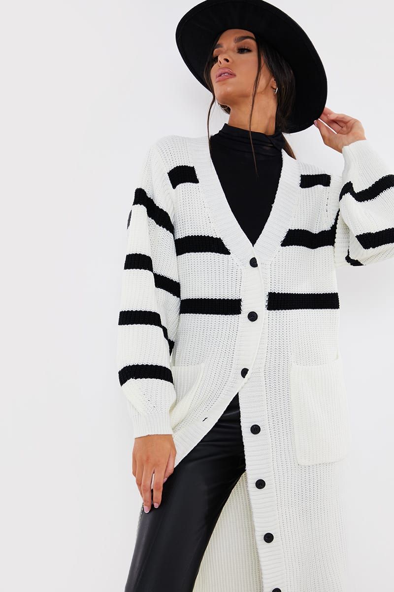 LORNA LUXE WHITE 'JULIETTE' LONG LINE STRIPE KNITTED CARDIGAN | In The Style (UK)