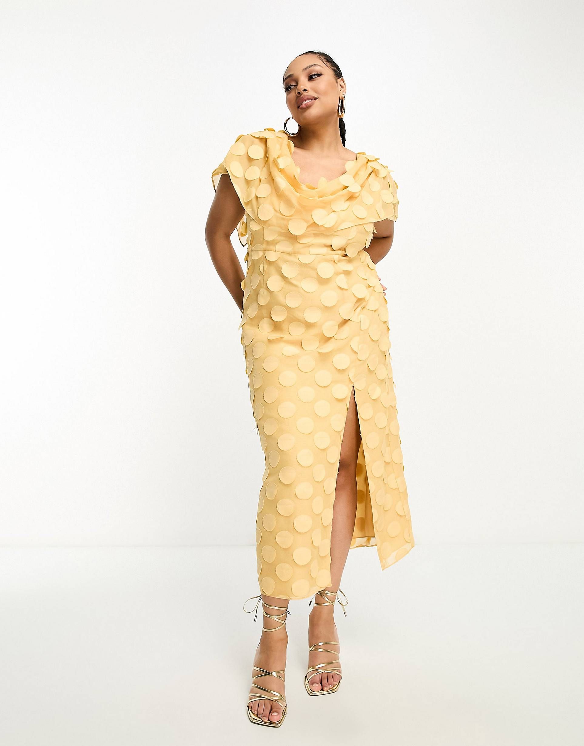 ASOS DESIGN Curve exclusive textured cowl neck maxi dress with shoulder detail in pale yellow | ASOS (Global)