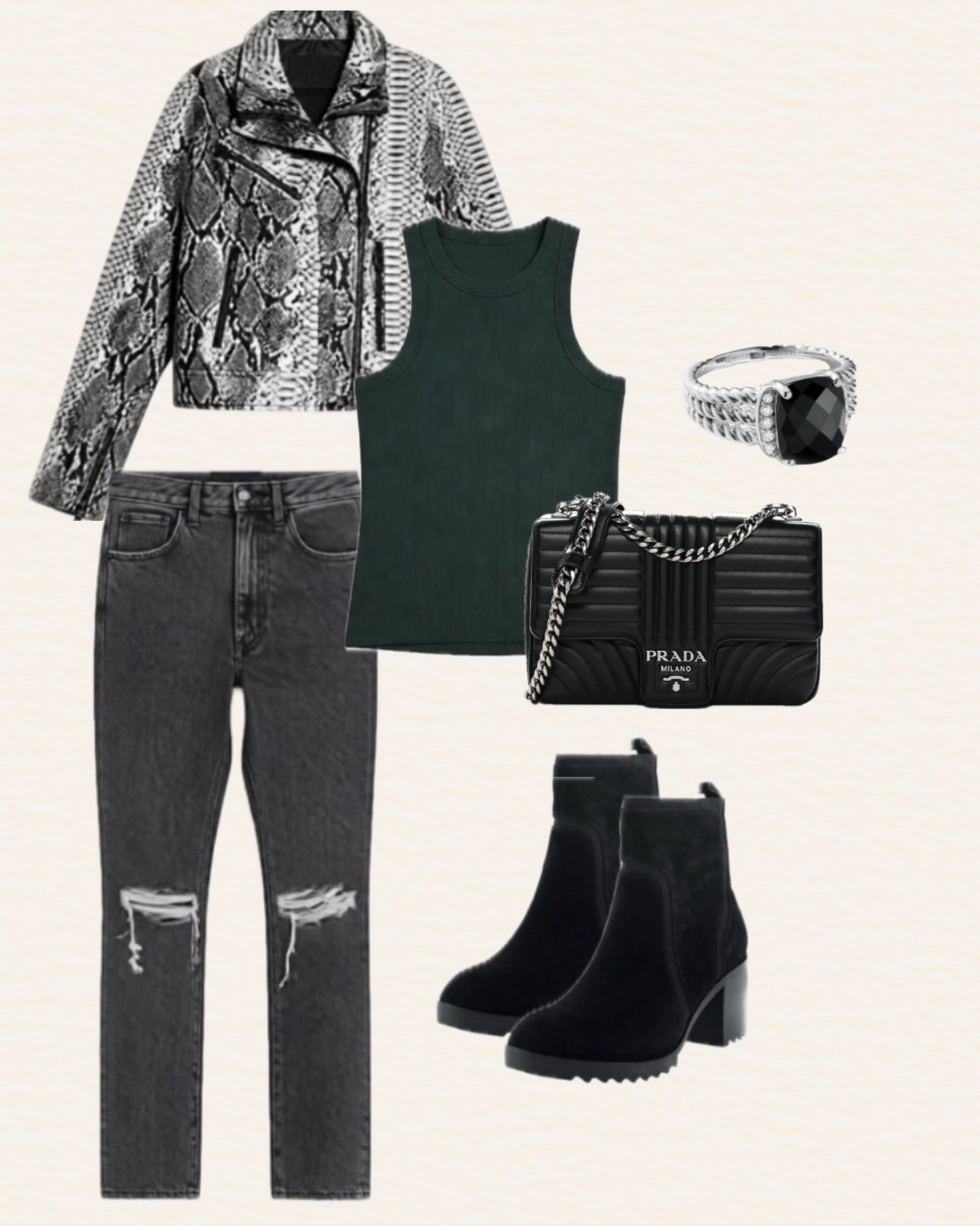 Fall outfit inspiration: snakeskin moto jacket with forest green tank and gray or black jeans. Black suede booties and black accessories—like my Prada shoulder bag and David Yurman onyx ring—complete the look.

#LTKootd #LTKSeasonal #LTKPetite
