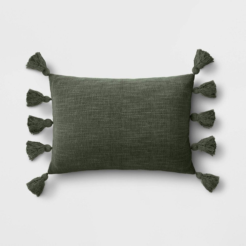 Textured Woven Lumbar Throw Pillow with Tassels Forest Green - Threshold | Target