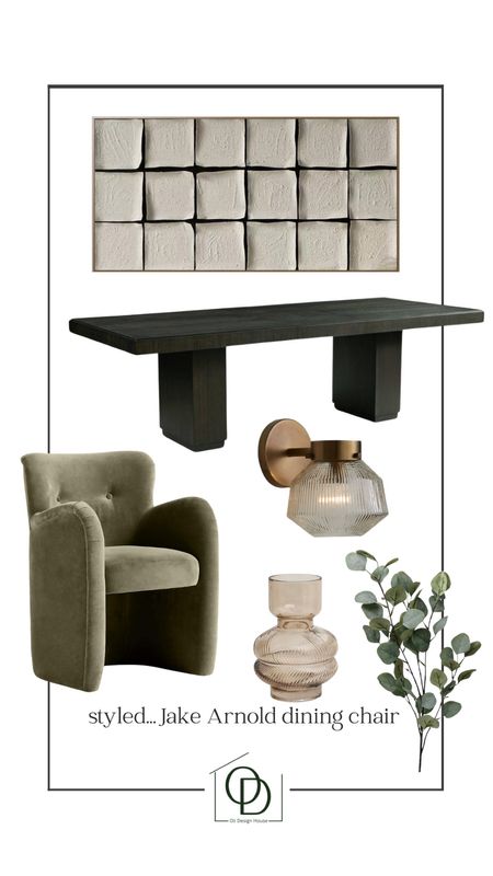 Styled... Jake Arnold green velvet dining chair, mixed with an affordable black dining table, textured wall art, a glass and brass sconce, ribbed glass vase and faux eucalyptus stems. High and low design  

#LTKhome #LTKstyletip #LTKsalealert