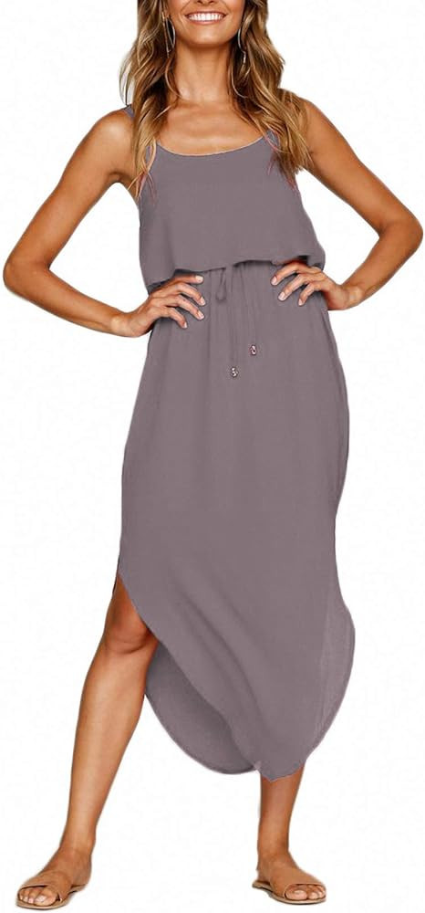 NERLEROLIAN Women's Adjustable Strappy Split Summer Beach Casual Midi Dress | Amazon (US)