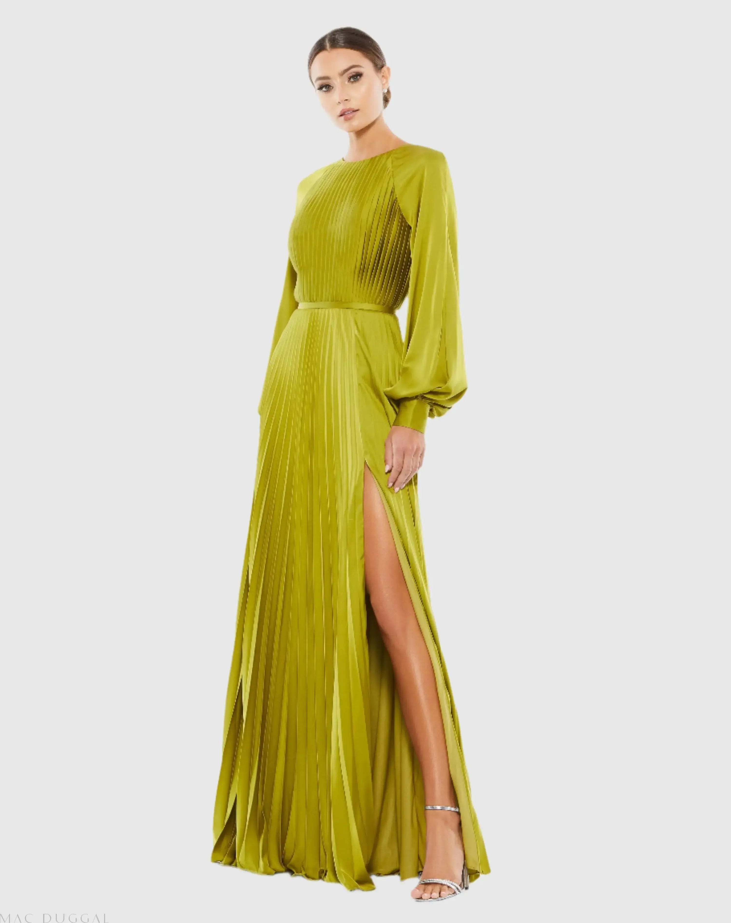 Green Pleated High Neck Long Sleeve Gown with Slit | Mac Duggal | Mac Duggal