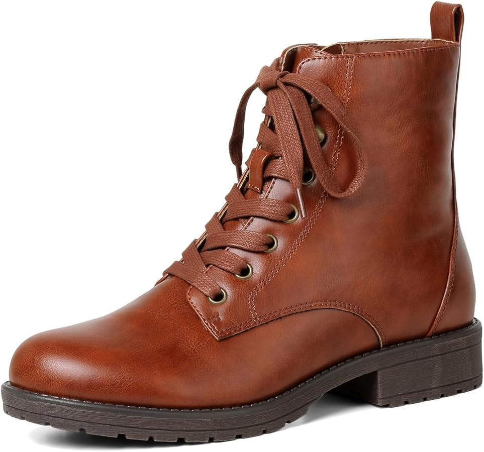 Women's Combat Boots Flat Lace-up Leather Ankle Booties with Low Heel Side Zipper Fashion Metal E... | Amazon (US)