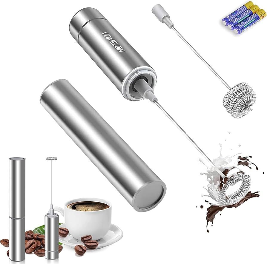 Milk Frother Handheld, Battery Operated Travel Coffee Frother Milk Foamer Drink Mixer with 2 Stai... | Amazon (US)