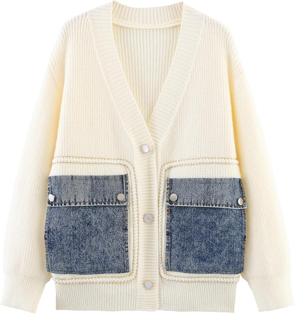 Women's Patchwork Denim Pocket Cardigan 2025 Fall Winter Outerwear Long Sleeve Button Down Chunky... | Amazon (US)