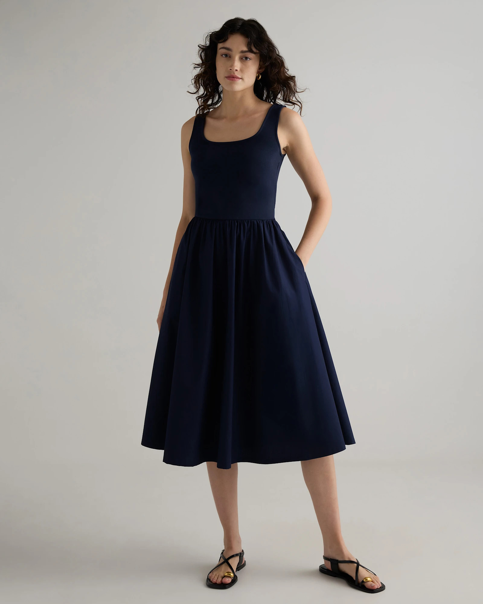 Cotton Mixed Media Tank Dress in Navy | Quince