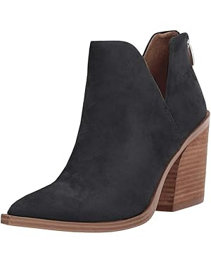 Kathemoi Womens Slip on Ankle Boots V Cutout Pointed Toe Chunky Stacked Mid Heel Booties | Amazon (US)
