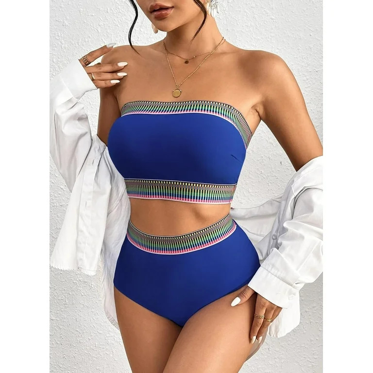 AlvaQ Womens Swimsuits Color Block High Waisted Bikini Set Two Piece Swimsuit Tummy Control Bathi... | Walmart (US)