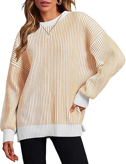 Zeagoo Women 2025 Fall Lightweight Oversized Sweater Crew Neck Long Sleeve Color Block Pullover R... | Amazon (US)
