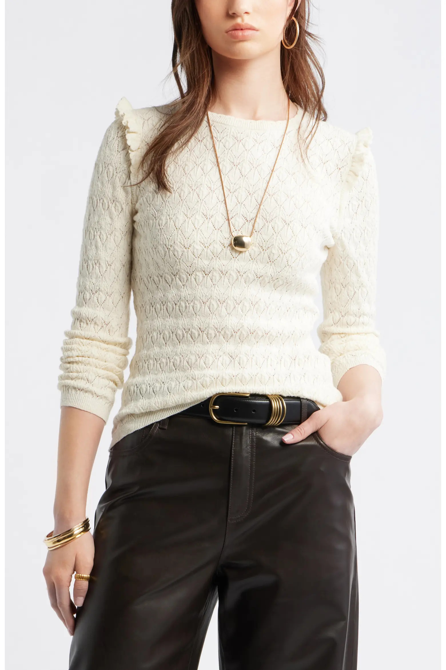 Ruffle Trim Pointelle Stitch Cotton Blend Sweater (Women) | Nordstrom | Nordstrom