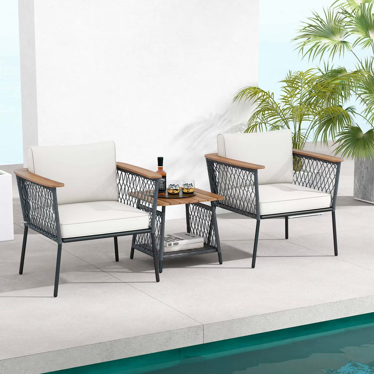 Costway 3 PCS Patio Furniture Set with 2-Tier Coffee Table Acacia Wood Armrests Tabletop | Target