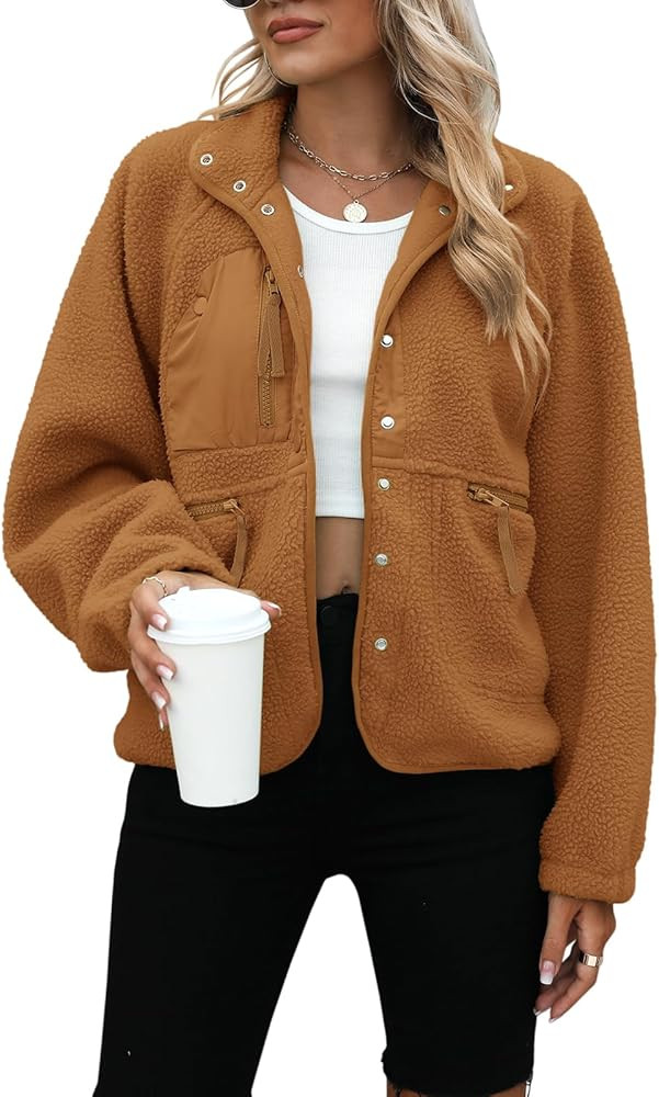 Yanekop Womens Fleece Jacket Fuzzy Long Sleeve Short Coats Button Down Sherpa Outerwear with Pock... | Amazon (US)