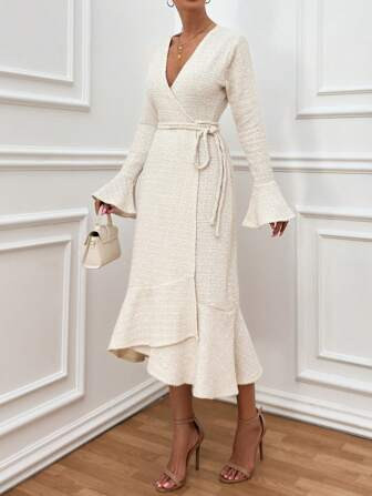 SHEIN Elegant Style, Texture Fabric, Belted, Frill Detailed Dress | SHEIN USA | SHEIN