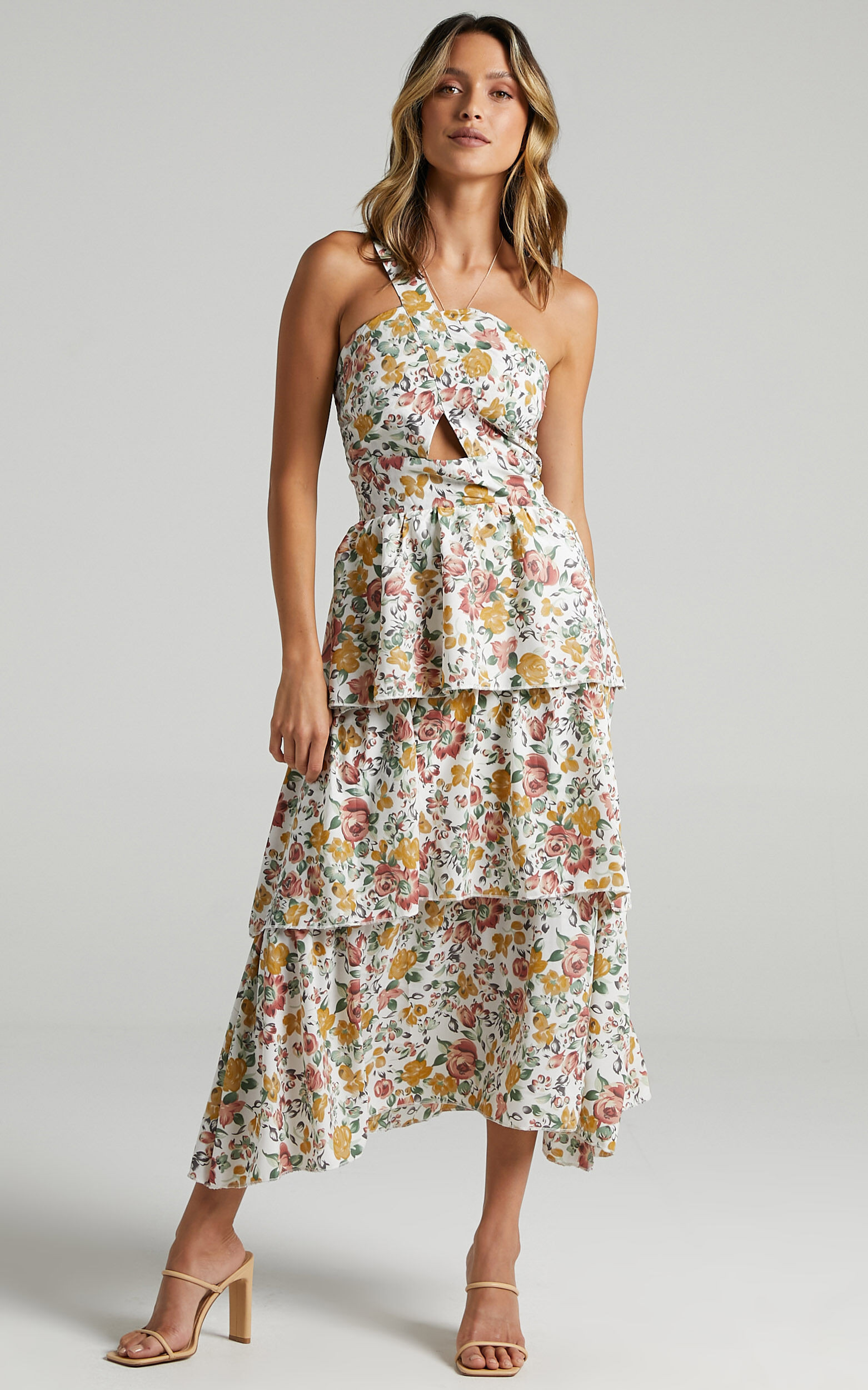 Caro Midi Dress - One Shoulder Tiered Dress in Multi Floral | Showpo (US, UK & Europe)