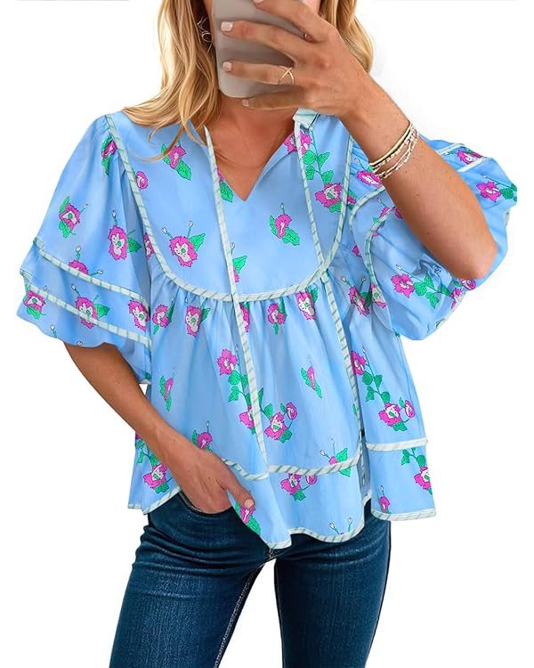 Cicy Bell Womens Summer Floral Babydoll Tops V Neck Short Lantern Sleeve Shirts Cute Loose Fit Fl... | Amazon (CA)