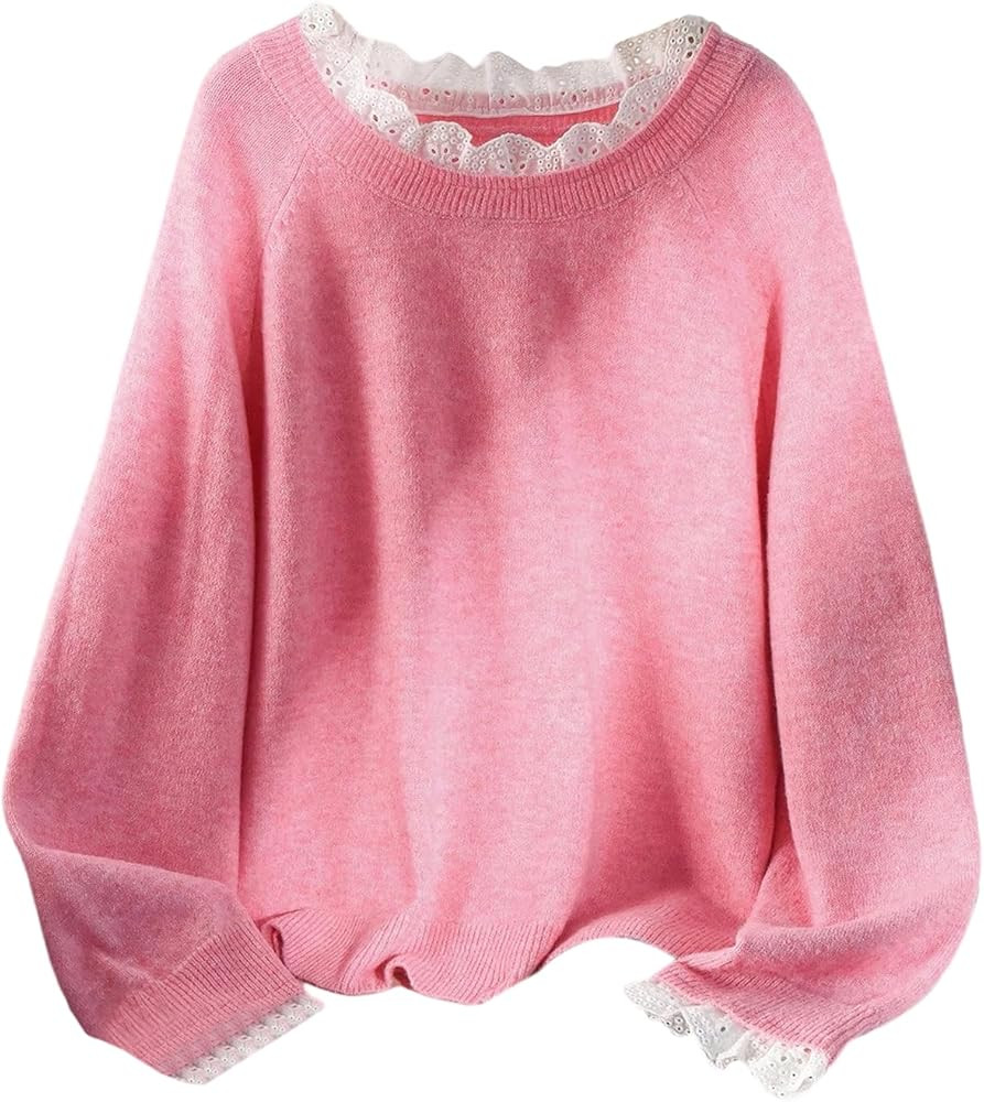 GORGLITTER Women's Plus Size Sweater Tops Fall Trendy Cozy Lace Crew Neck Long Sleeve Oversized K... | Amazon (US)