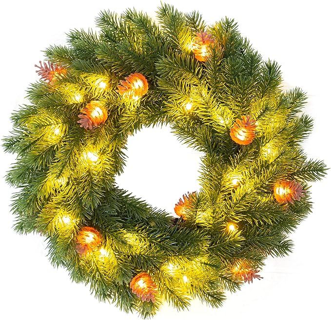 FUNPENY Pre-lit Artifical Pin Cones Christmas Wreath, 40 LED 16 Inch Pine Cones Christmas Wreath ... | Amazon (US)