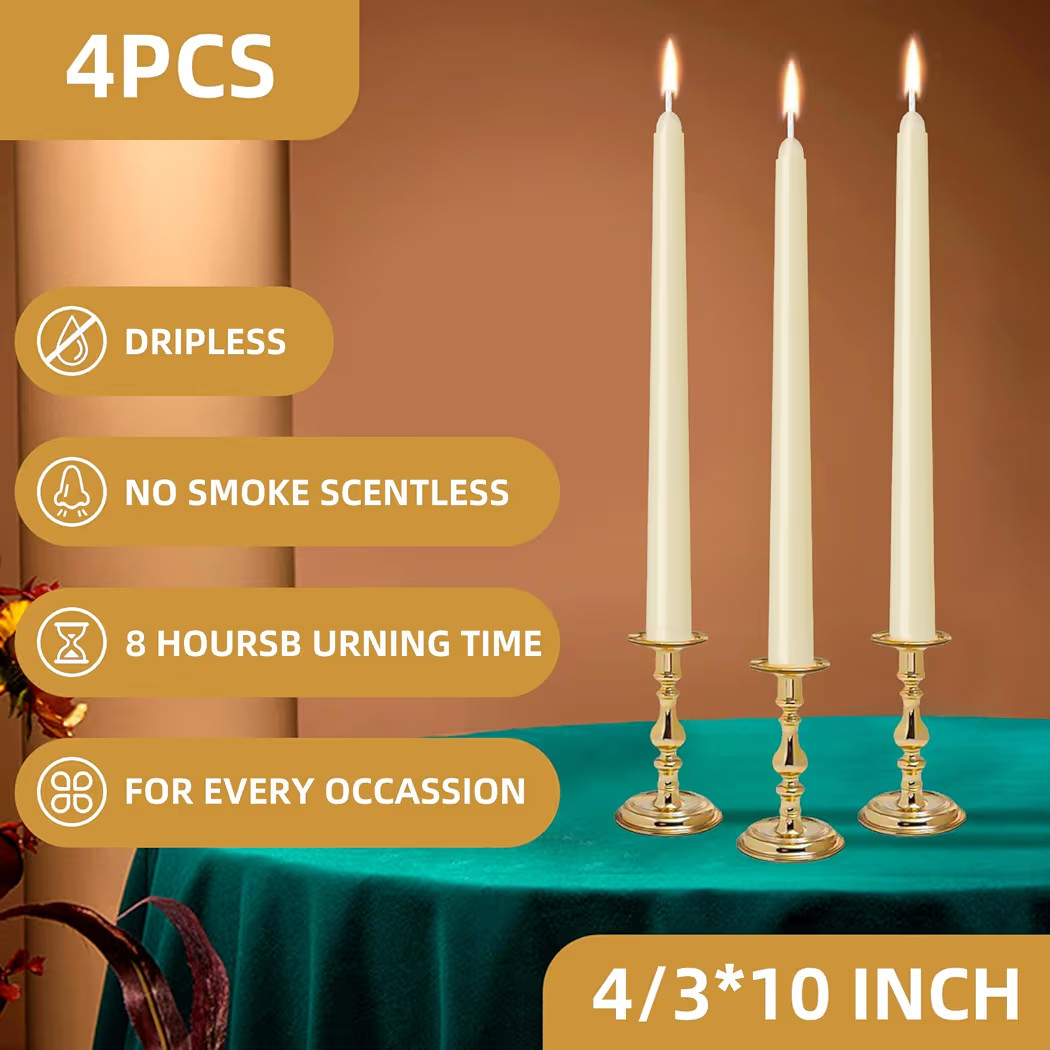 4 Pack Ivory Taper Candles - Taper Candles 10 Inch Dripless, Smokeless & Unscented - 8 Hours Long... | Amazon (US)