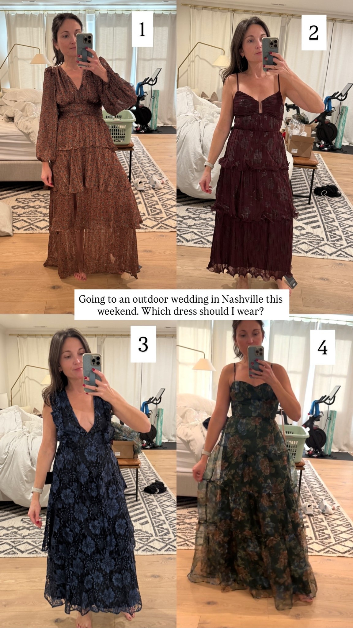 1 2 3 4 Going to an outdoor wedding in Nashville this weekend. Which dress should I wear?