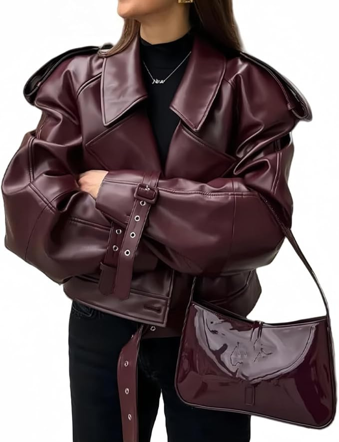 NIFTRIRY Womens Jacket Leather Jacket Fall Fashion Oversized Faux Motorcycle Jacket with Belt Fal... | Amazon (US)