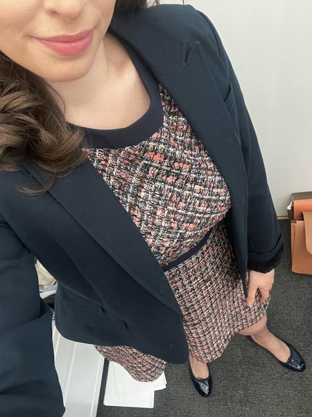 Workwear, spring office outfit, tweed dress, business casual, office outfit, attorney, lawyer, navy blazer, navy block heels, spring workwear, court, business professional 

#LTKworkwear #LTKstyletip #LTKSeasonal