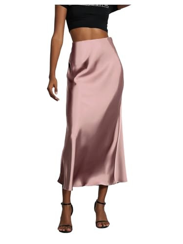 SOLY HUX Women's Elegant Satin Skirts High Waisted Flared Casual Work Office Fishtail Midi Skirt Coral Pink Medium | Amazon (US)