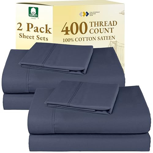 California Design Den 2-Pack Twin XL Sheet Sets - 400 Thread Count 100% Cotton Sateen Sheets - Soft and Breathable Sheets, 2 Sets of Deep Pocket Bed Sheets - Indigo Dusty Blue | Amazon (US)