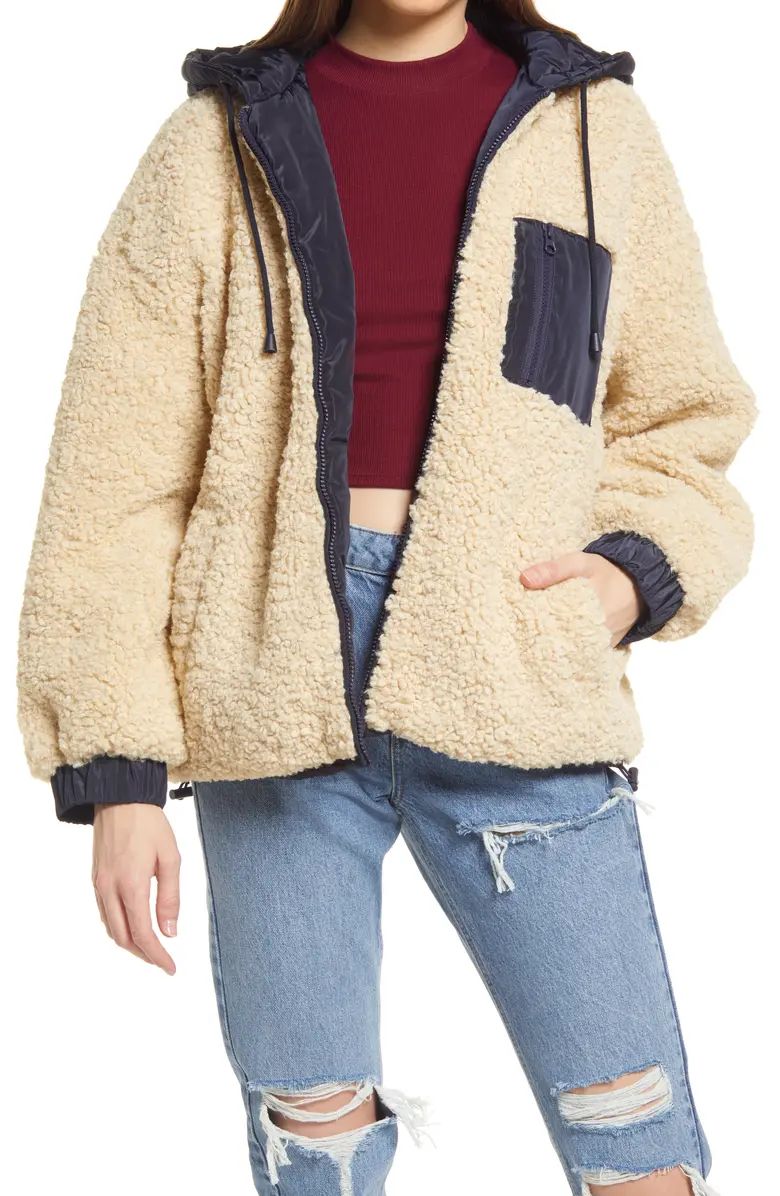 Topshop Faux Shearling & Nylon Hooded Zip Jacket | Nordstrom | Nordstrom