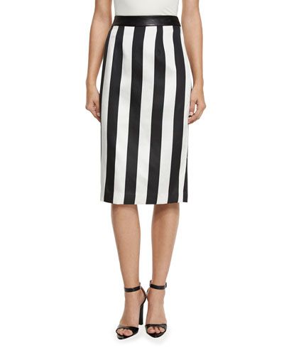 Striped Leather-Trim Pencil Skirt | Neiman Marcus