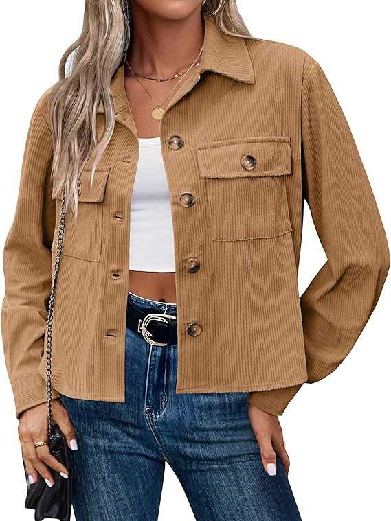 Zeagoo Womens Fashion Cropped Corduroy Shackets Button Down Jackets Tops Fall Trendy Lightweight ... | Amazon (US)