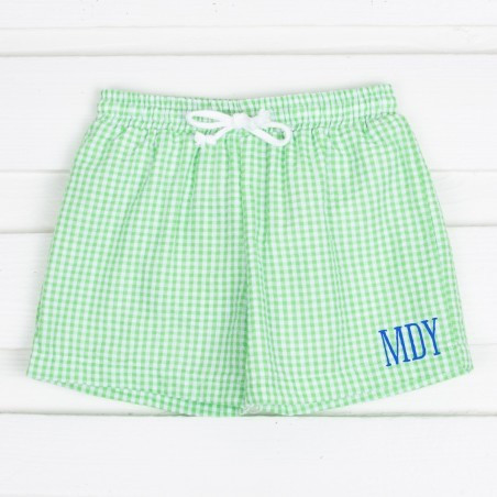 Boy Swim Trunk Green Seersucker Gingham | Classic Whimsy