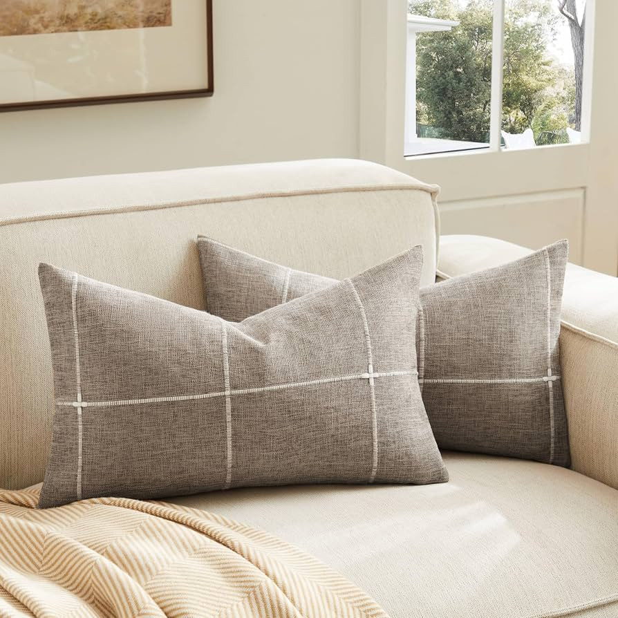 2 Packs Grid Embroidery Lumbar Throw Pillow Covers, 12x20 Inch Cocoa Brown, Farmhouse Linen Decor... | Amazon (US)