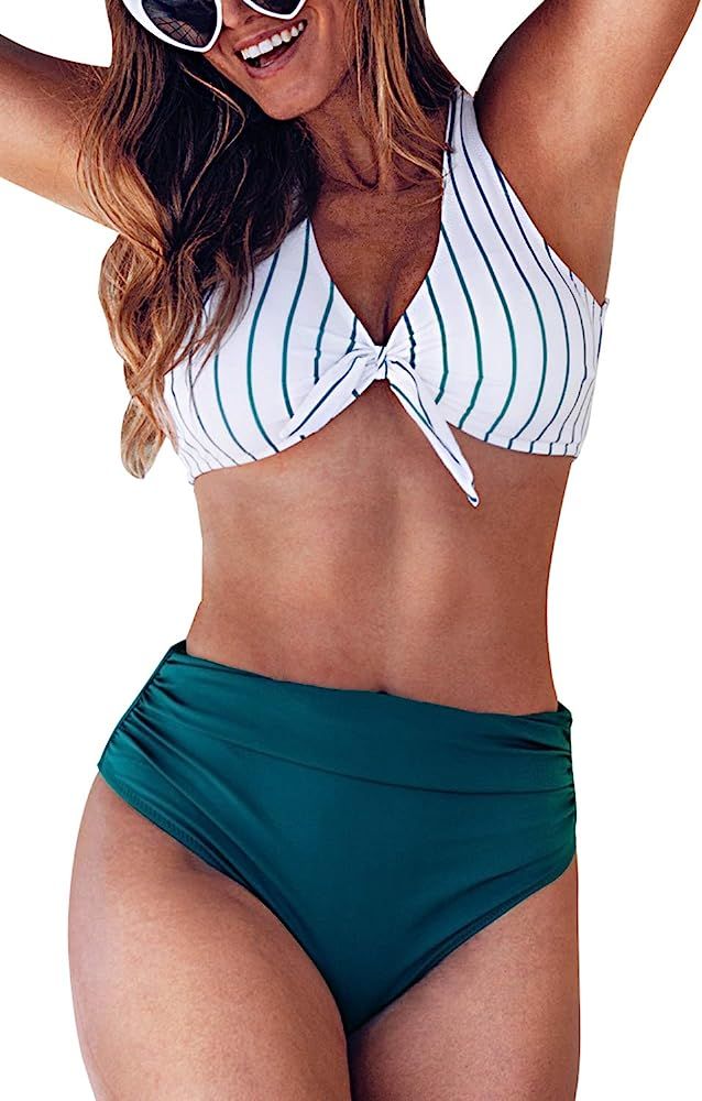 CUPSHE Women's Teal Solid Shirring Striped High Waisted Bikini Sets | Amazon (US)