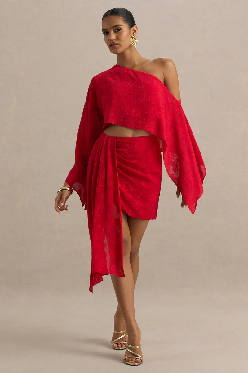 Melania  Red Satin Devore Wrap Mini Skirt With Sash Detail | Club L London