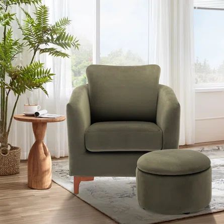 Amold Upholstered Barrel Accent Armchair With Storage Ottoman and Pillow | Wayfair North America