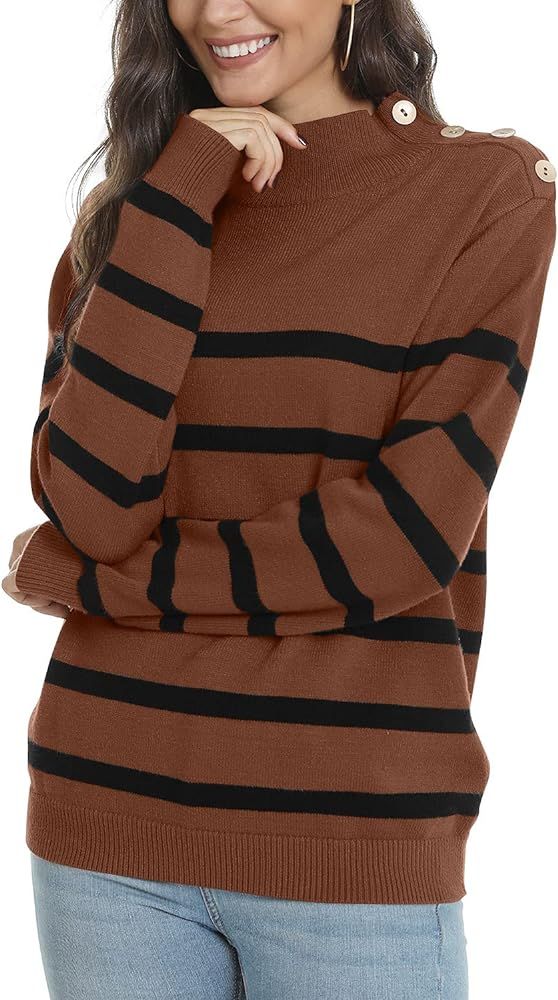 LONGYUAN 2021 Winter Women's Turtleneck Striped Knit Sweater Long Sleeves Casual Loose Pullover T... | Amazon (US)