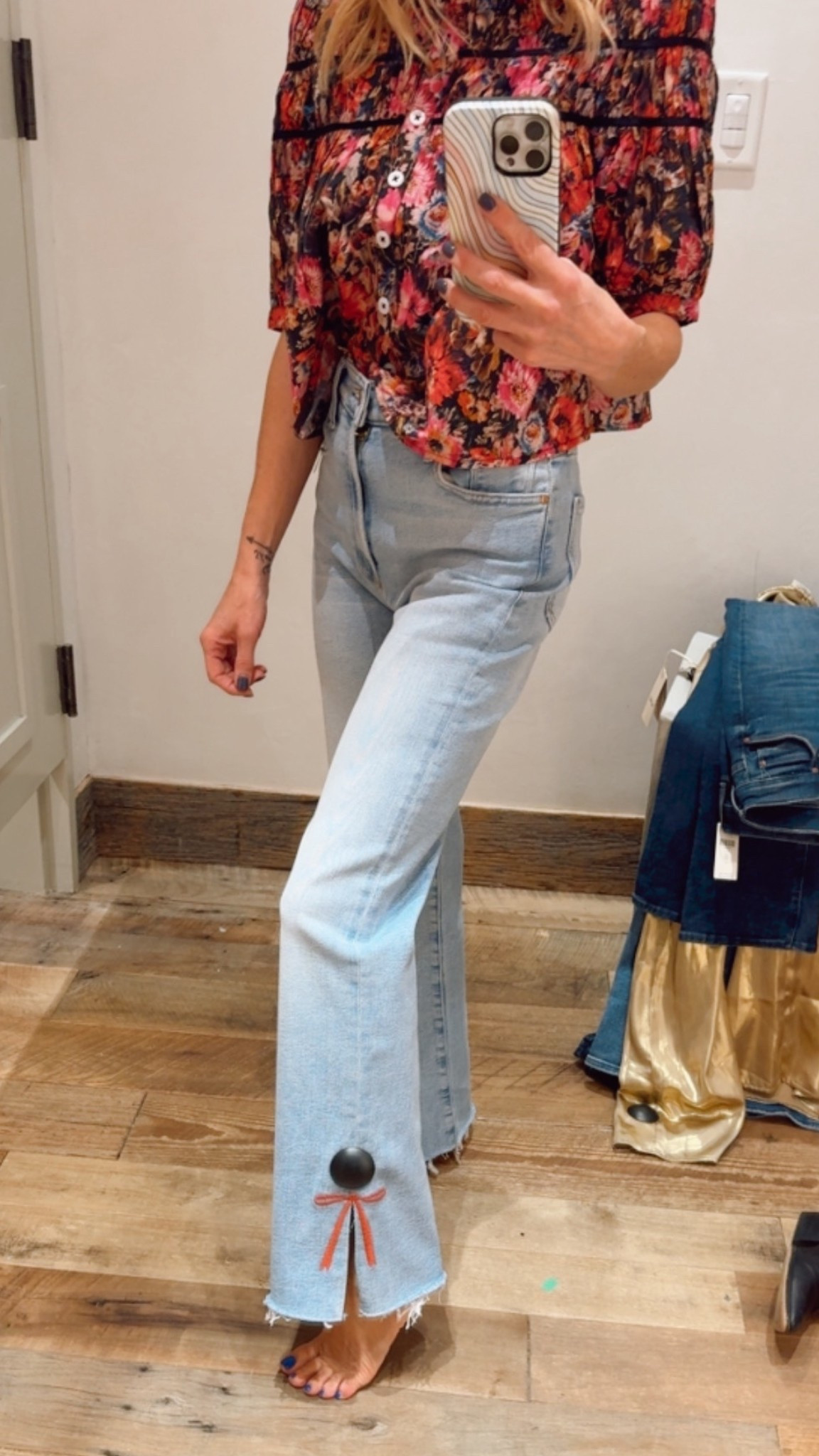 Perfect denim for the holidays! Just a touch of red. Size down one.

#Anthropologie #motherdenim #holidaystyle 

#LTKHoliday #LTKootd #LTKOver40