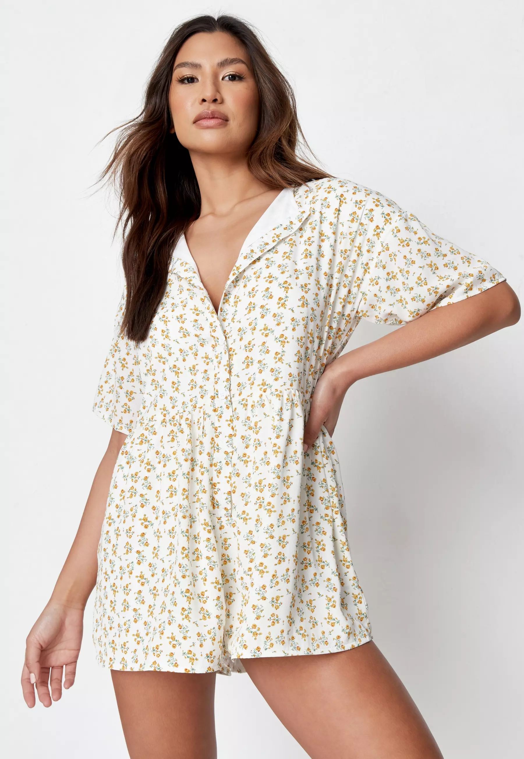 White Ditsy Floral Button Front Romper | Missguided (US & CA)