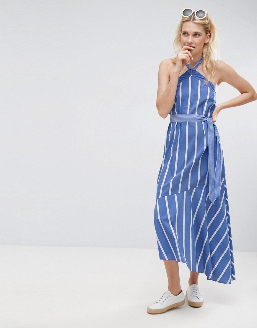 ASOS Halter Neck Maxi Dress in Mixed Cotton Stripe - Multi | ASOS US