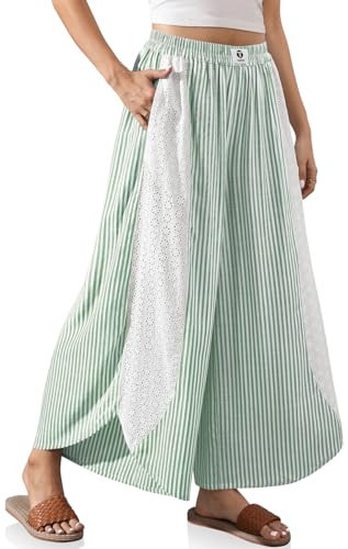 TARSE Womens Summer Casual Loose Striped Wide Leg Lounge Pants Elastic Waist Palazzo Trousers(Green, S) | Amazon (US)