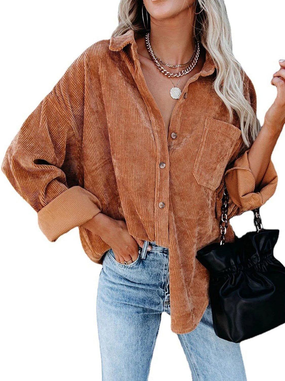 Womens Corduroy Button Down Shacket Casual Long Sleeve Shirt Jacket Oversized Blouses Tops | Amazon (US)