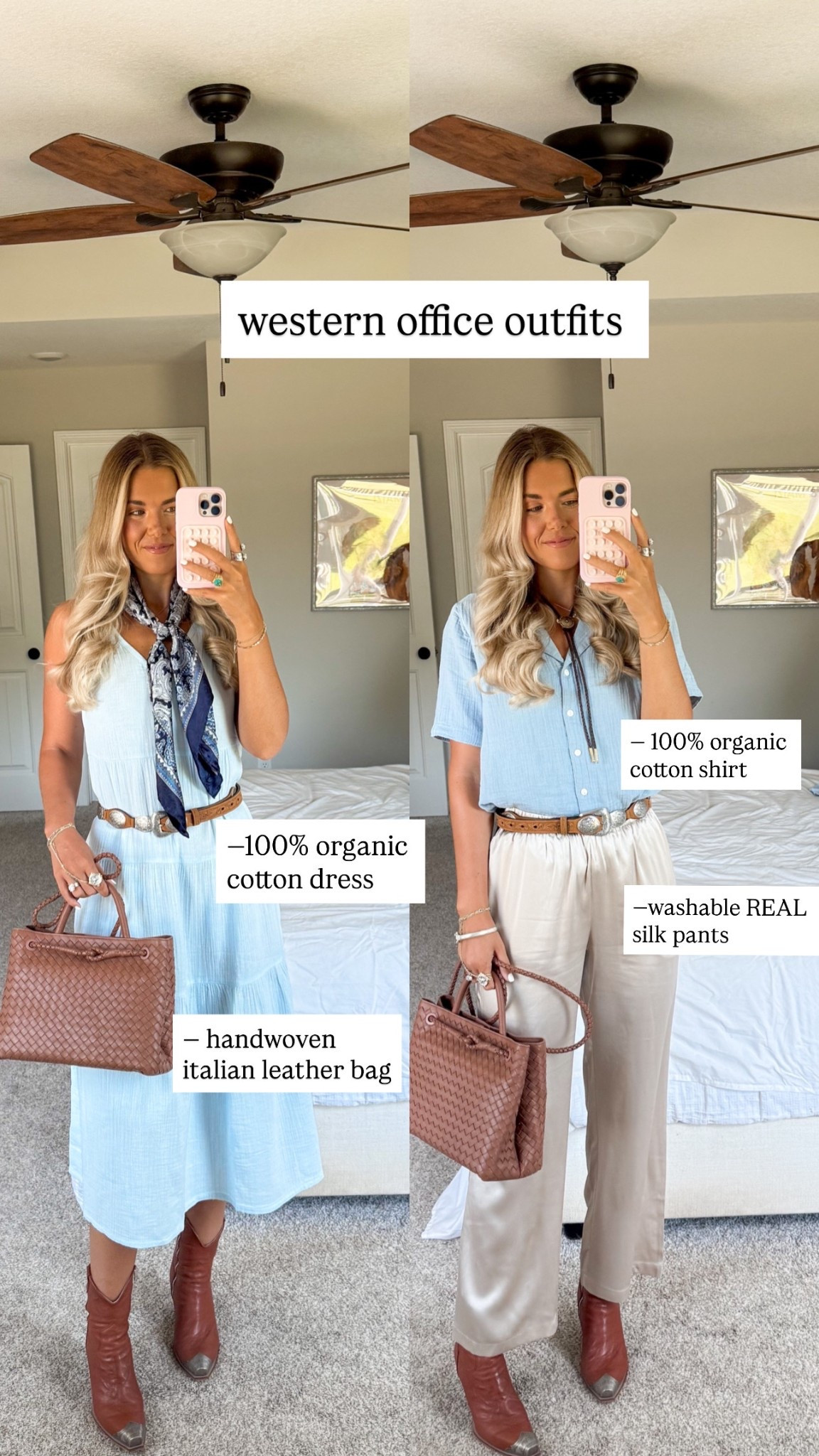 high quality capsule wardrobe pieces! perfect for church, the office, or a lounging summer day 🧺🌾 
size XS/nantucket blue in dress 
size small/ocean breeze in top 
size small/champagne in silk pants
#quincepartner @onequince
cognac in handbag 

#LTKSeasonal #LTKStyleTip #LTKWorkwear