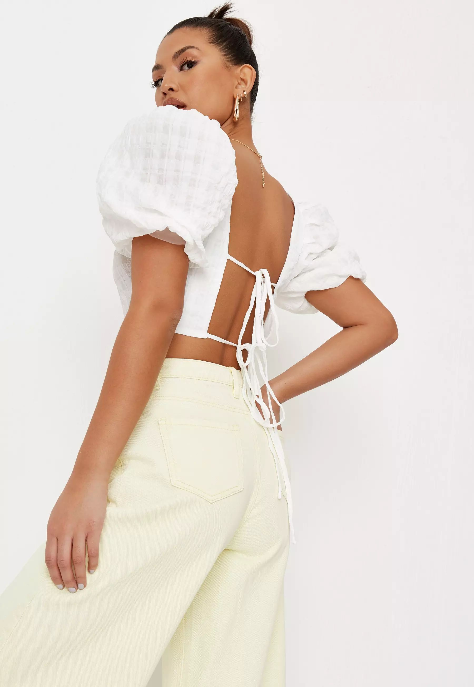White Sheer Puff Sleeve Open Back Crop Top | Missguided (US & CA)