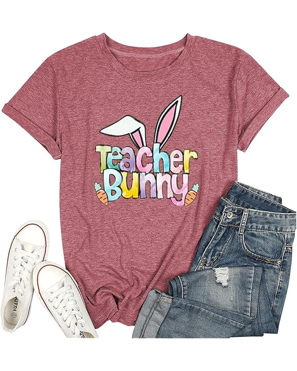 Teacher Bunny Shirts for Women Easter T Shirts Funny Rabbit Graphic Tees Teacher Casual Short Sle... | Amazon (US)