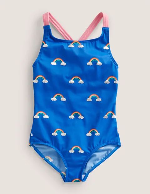 Cross-back Printed Swimsuit Cabana Blue Rainbow Clouds Girls Boden | Boden (US)