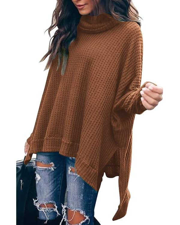 ANRABESS Women's Sweater 2023 Fall Oversized Turtleneck Long Batwing Sleeve Waffle Knit Split Hem... | Amazon (US)