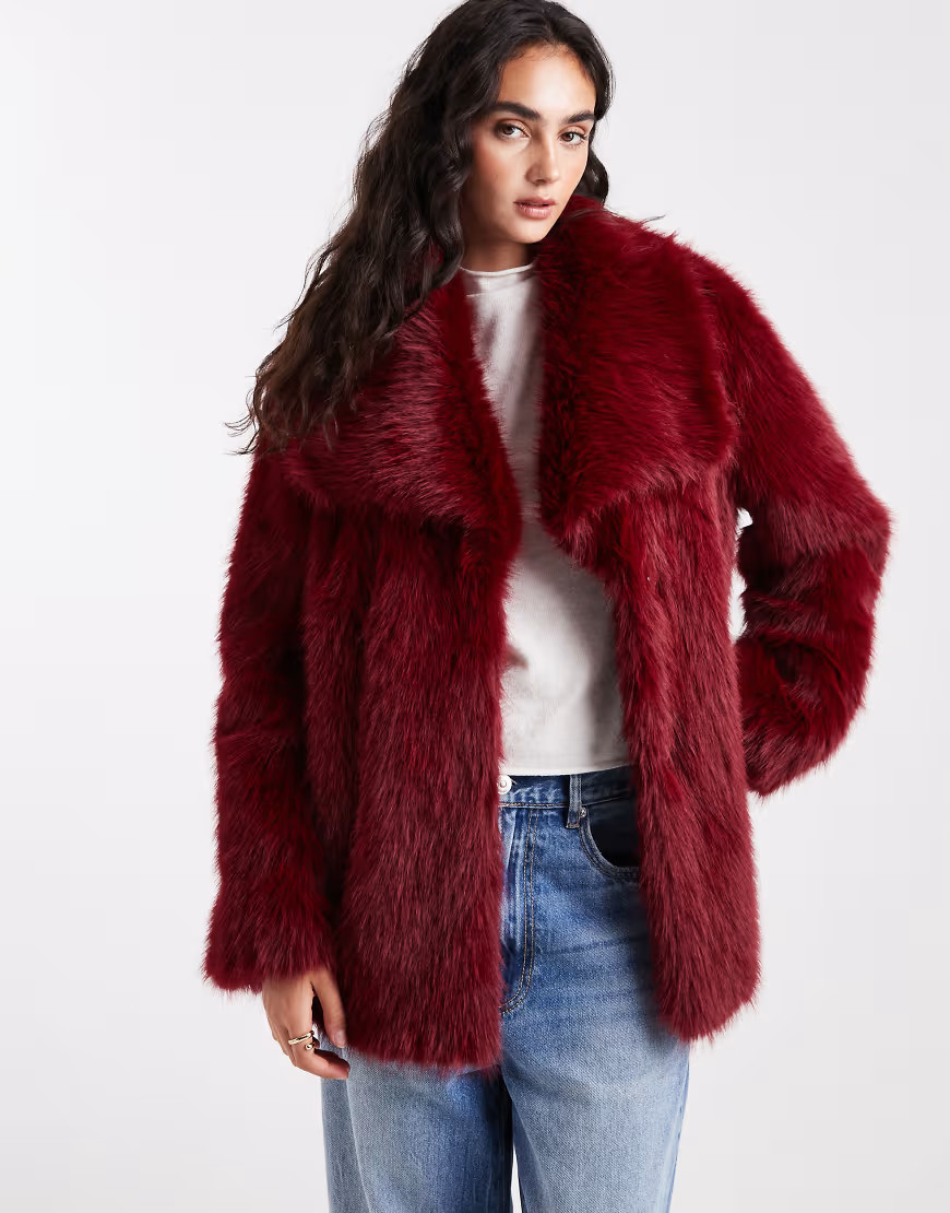ASOS DESIGN top collar faux fur coat in red | ASOS (Global)