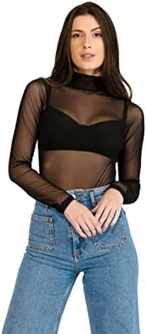 Body de Tule Gola Alta | Bodie Feminino em Tule Transparente Manga Longa e Gola Alta | Moda Casua... | Amazon (BR)