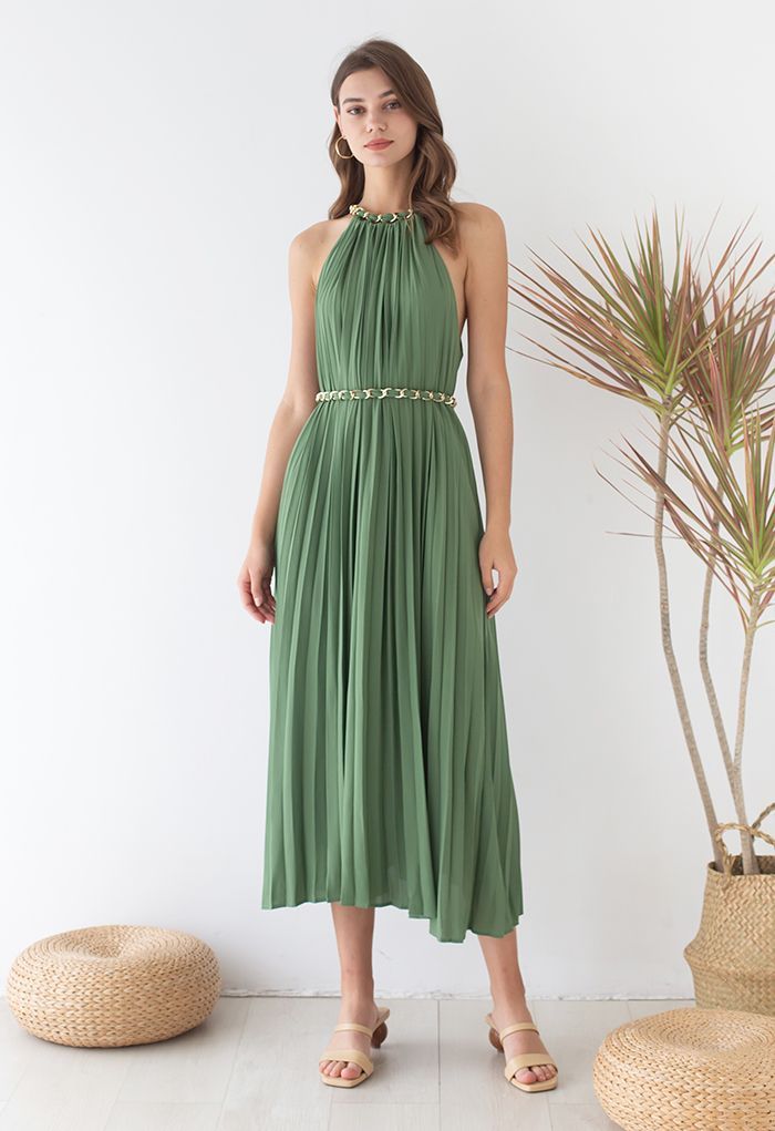 Golden Chain Halter Neck Pleated Maxi Dress in Green | Chicwish